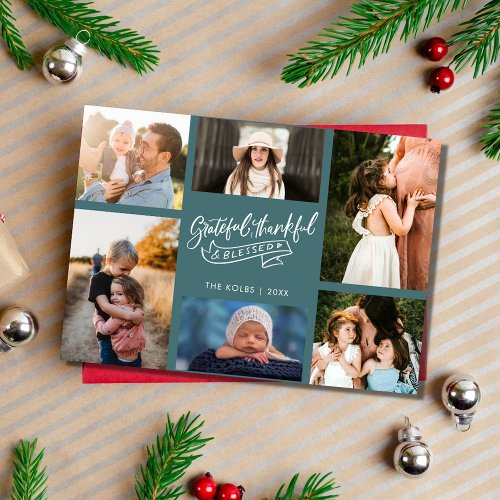 Grateful Blessed Family Photo Teal Plaid Christmas Holiday Card
