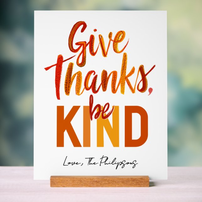 Grateful Blessed Give Thanks Fall Colorful Script Acrylic Sign (Neutral)