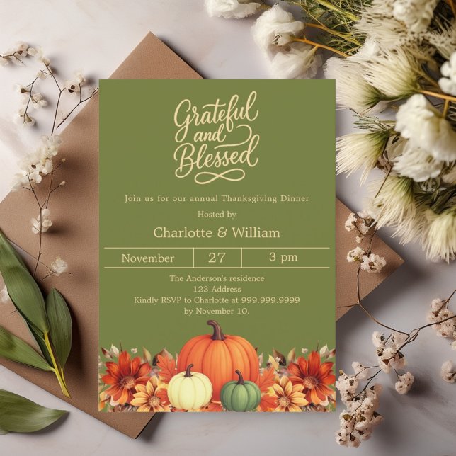 Grateful blessed moss green pumpkin Thanksgiving Invitation (Creator Uploaded)