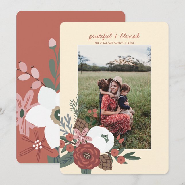 Grateful & Blessed Thanksgiving Photo Holiday Card (Front/Back)