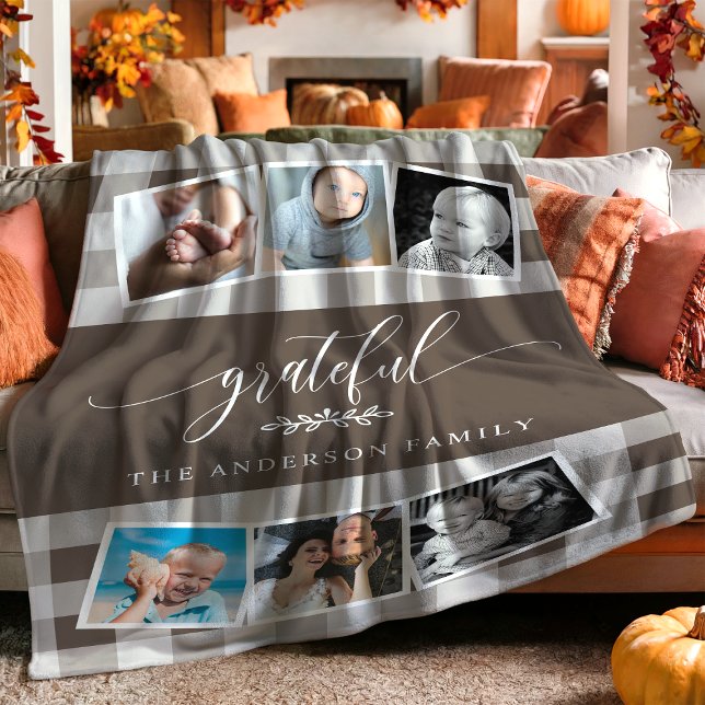 Grateful Brown Plaid Fall Family 6 Photo Collage Fleece Blanket (Creator Uploaded)