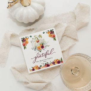 Grateful Burgundy Floral Pumpkin Thanksgiving Napkins