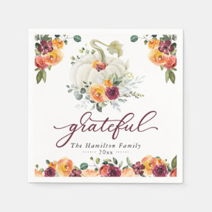 Grateful Burgundy Floral Pumpkin Thanksgiving Napkins