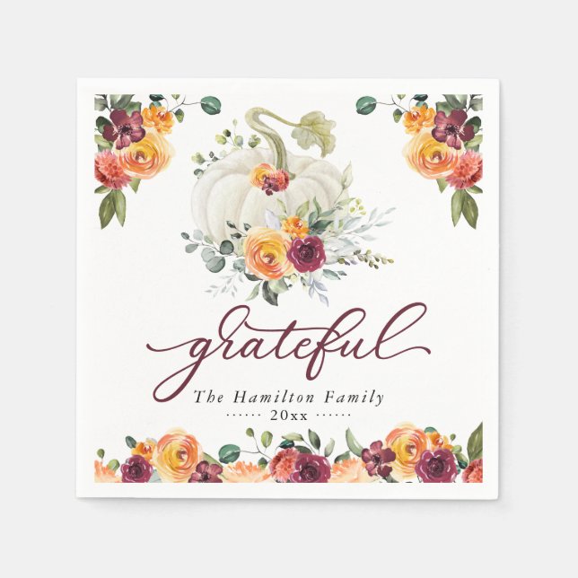 Grateful Burgundy Floral Pumpkin Thanksgiving Napkins (Front)