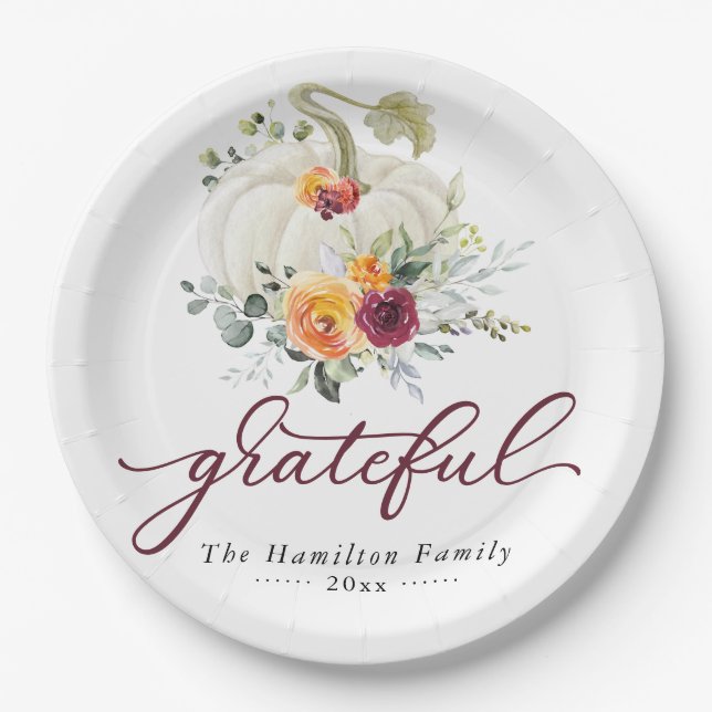 Grateful Burgundy Floral Pumpkin Thanksgiving Paper Plates (Front)