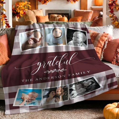 Grateful Burgundy Plaid Fall Family Photo Collage Fleece Blanket