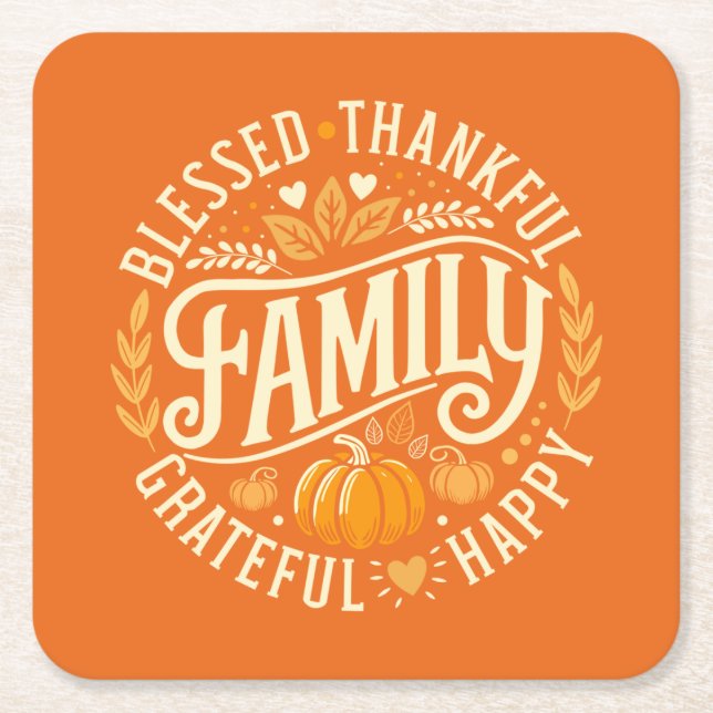 Grateful Circle – Autumn Icons Square Paper Coaster (Front)