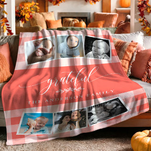 Grateful Coral Plaid Fall Family 6 Photo Collage Fleece Blanket
