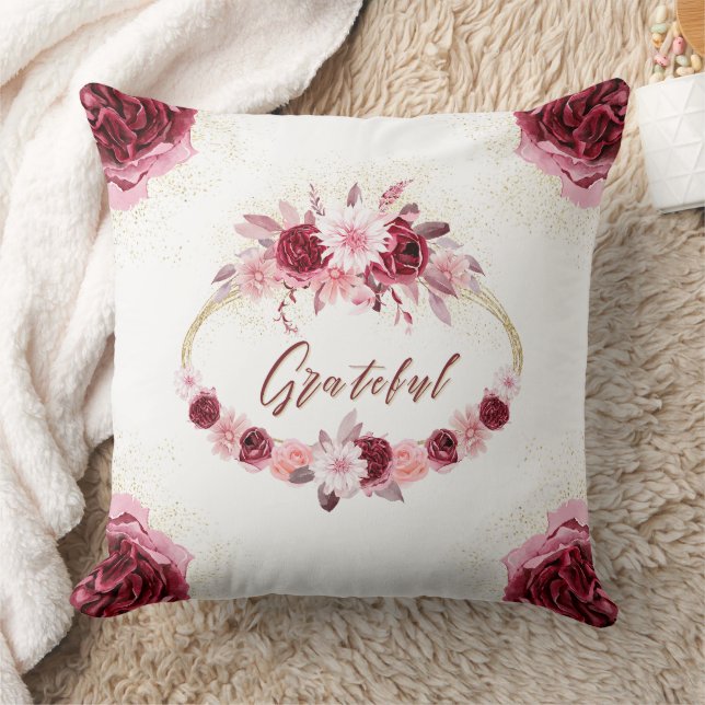Grateful Elegant Magenta Pink Floral Gold Wreath  Throw Pillow (Blanket)