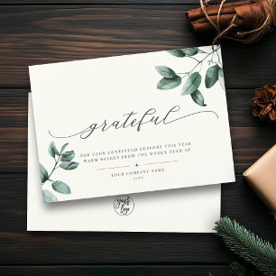 Grateful   Elegant Script Eucalyptus Business Logo Holiday Card