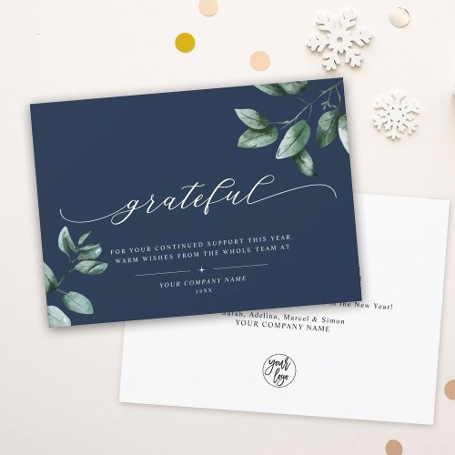 Grateful  Elegant Script Eucalyptus Business Logo Holiday Card