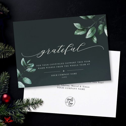 Grateful  Elegant Script Eucalyptus Business Logo Holiday Card