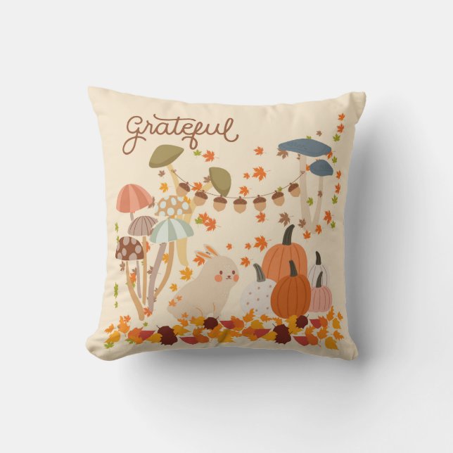 Grateful Fall Bunny Throw Pillow (Front)