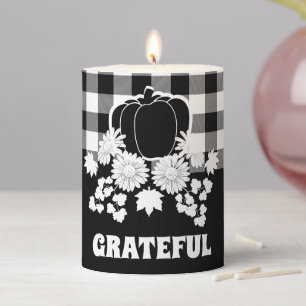 Grateful Fall Flowers Pumpkin Vines Black Pillar Candle