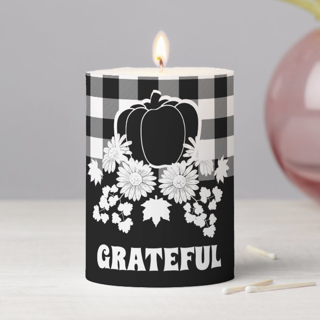 Grateful Fall Flowers Pumpkin Vines Black Pillar Candle (In Situ)