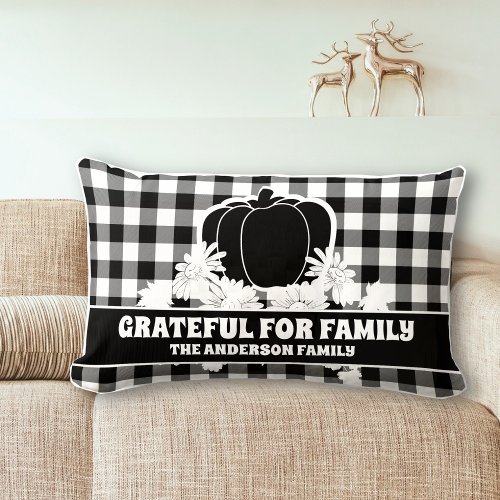 Grateful Family Black Plaid Fall Pumpkin Vines Lumbar Pillow