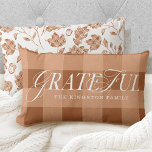 Grateful Family County Orange Plaid Fall Leaf Lumbar Pillow<br><div class="desc">Fall in love with the perfect combination of beautiful fall foliage, autumn flowers, festive dried leaves, and cozy plaid with our fall-style grateful family cozy chic home decor lumbar pillow. Our design features stylish "grateful" displayed in elegant script and serif typography combination. Personalize with your family name and transform your...</div>