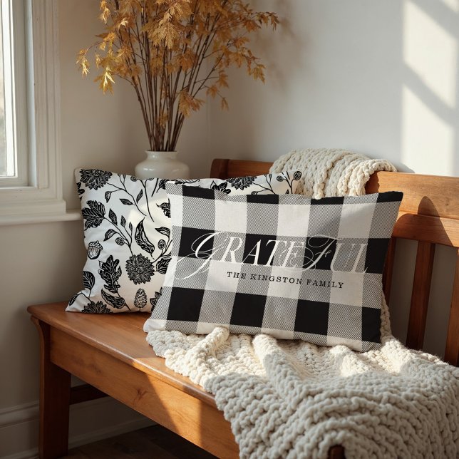 Grateful Family County Style Black Plaid Fall Leaf Lumbar Pillow (Grateful Family County Style Black Plaid Fall Leaf Lumbar Pillow)