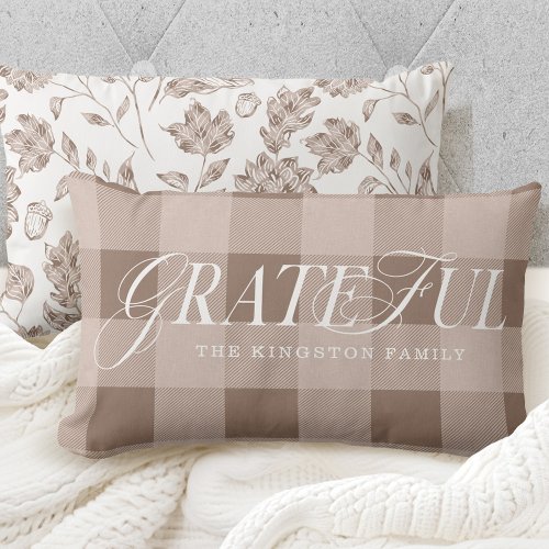Grateful Family County Style Taupe Plaid Fall Leaf Lumbar Pillow