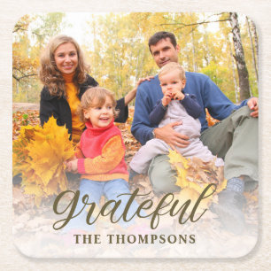 Grateful Family Photo Thanksgiving Square Paper Coaster