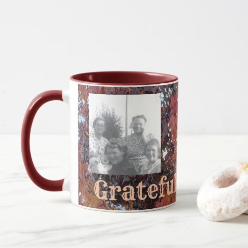 Grateful  Family Photos  Fall Leaves Background Mug