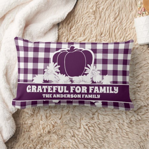 Grateful Family Purple Plaid Fall Pumpkin Vines Lumbar Pillow