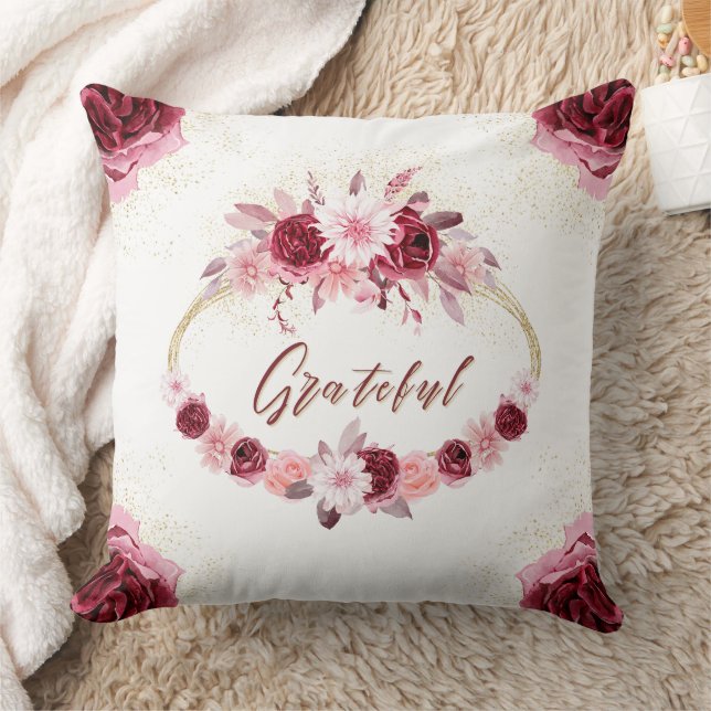 GRATEFUL Fancy Script Burgundy Floral Gold Wreath  Throw Pillow (Blanket)