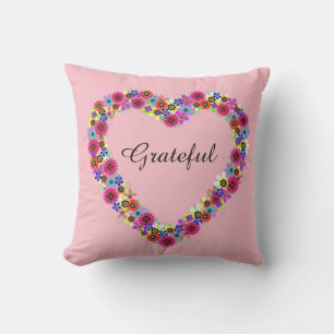 Grateful Floral Heart in Rose Pink Outdoor Pillow