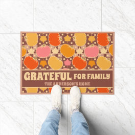 Grateful for Family Custom Name Boho Brown Plaid Doormat