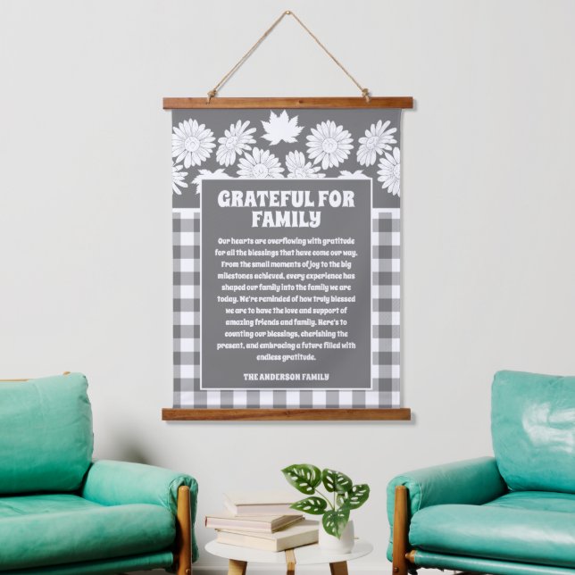 Grateful for Family Message Fall Flowers Plaid Hanging Tapestry (Living Room)