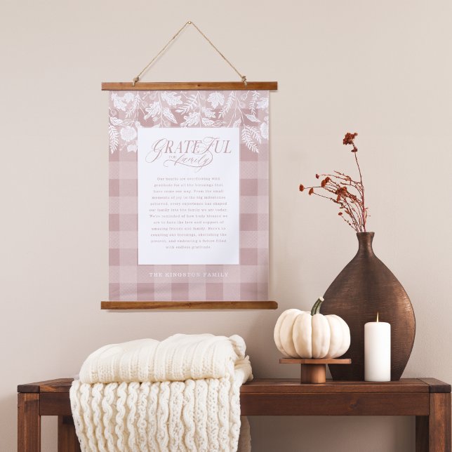 Grateful for Family Message Fall Foliage Plaid Hanging Tapestry