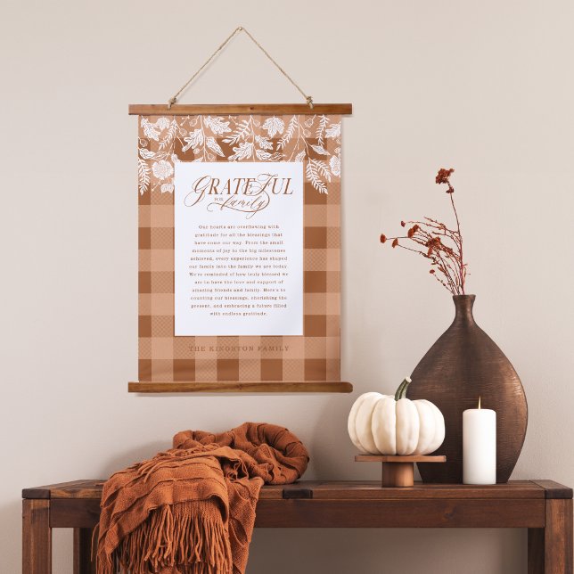 Grateful for Family Message Fall Foliage Plaid Hanging Tapestry