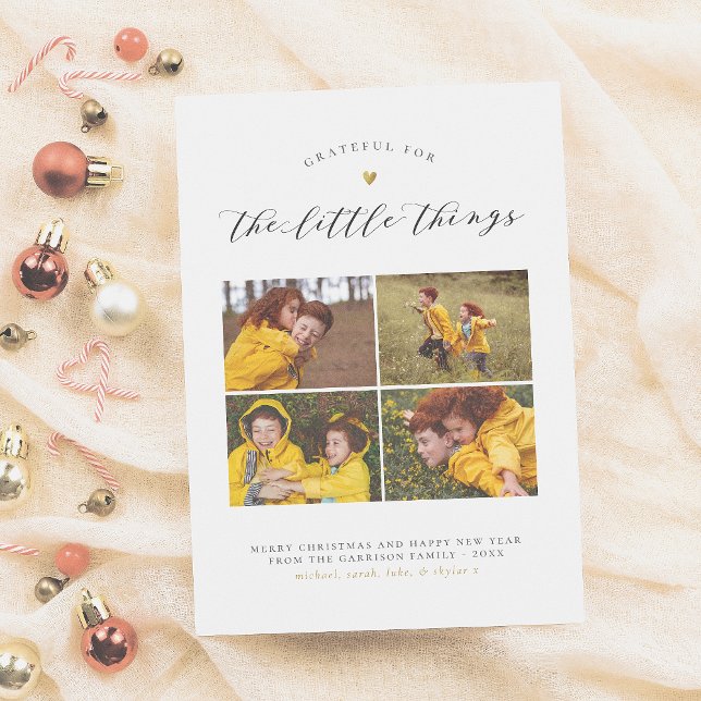 Grateful For The Little Things Gold Heart 4 Photo Holiday Card (Creator Uploaded)
