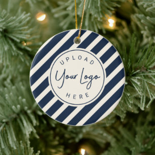 Grateful for You Corporate Navy Stripe Holiday Ceramic Ornament