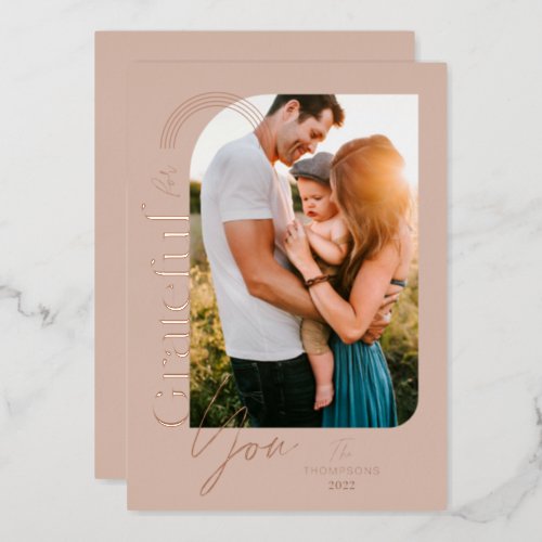 Grateful For You Modern Geometric Arch One Photo Foil Holiday Card