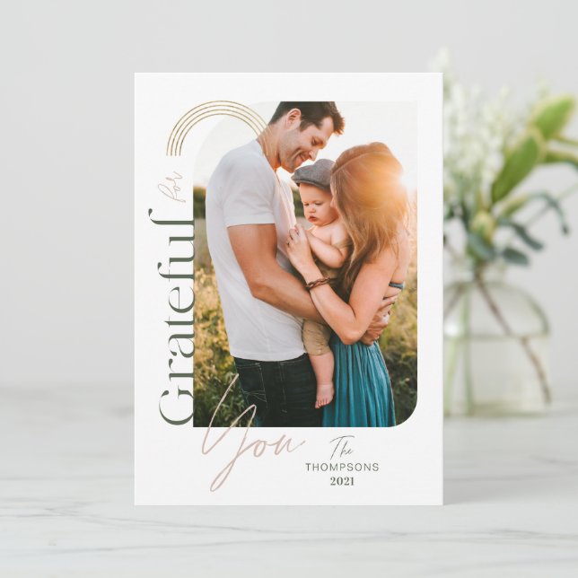 Grateful For You Modern Geometric Arch One Photo Holiday Card (Standing Front)