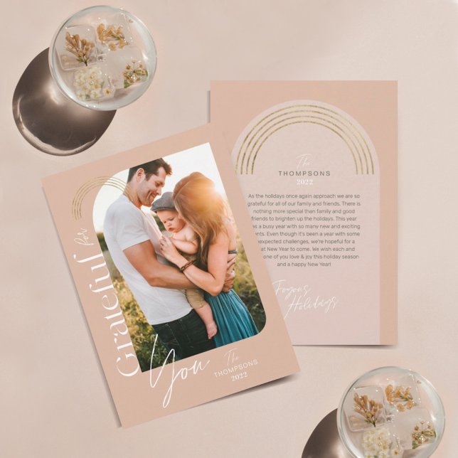 Grateful For You Modern Geometric Arch One Photo Holiday Card (Creator Uploaded)