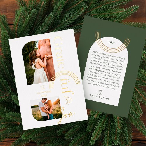 Grateful For You Modern Geometric Arch Two Photo Foil Holiday Card