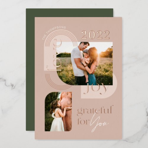 Grateful For You Modern Geometric Arch Two Photos Foil Holiday Card