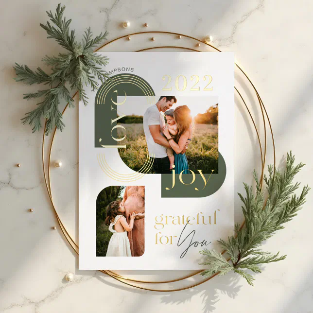 Grateful For You Modern Geometric Arch Two Photos Foil Holiday Card
