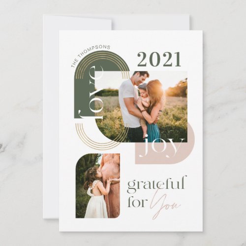Grateful For You Modern Geometric Arch Two Photos Holiday Card