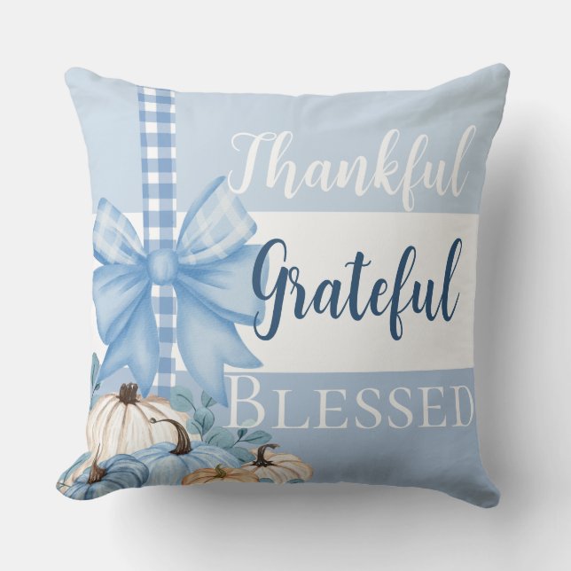 Grateful Gatherings Bow & Pumpkin Reversible Name Throw Pillow (Front)
