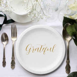 Grateful Gold Script Minimalistic Thanksgiving Paper Plates