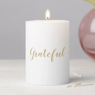 Grateful gold white modern script thanksgiving pillar candle