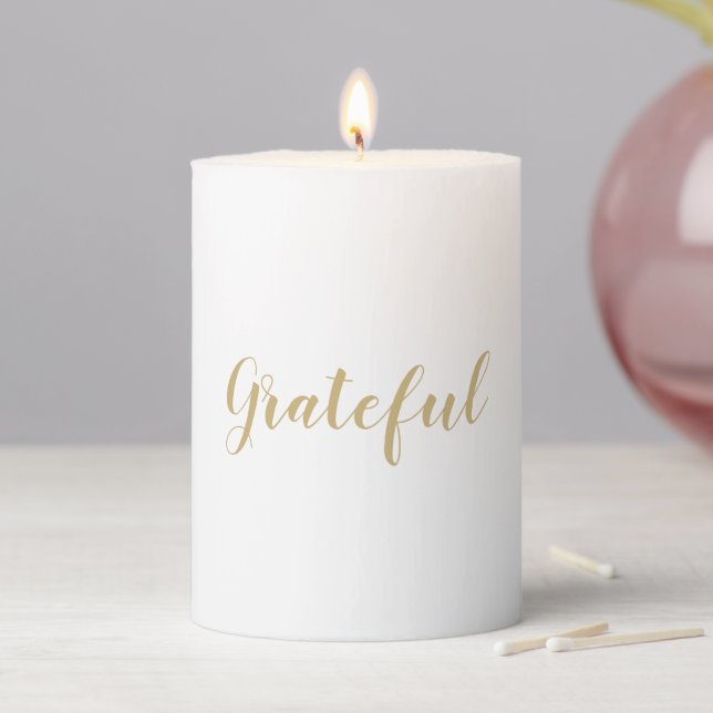 Grateful gold white modern script thanksgiving pillar candle (In Situ)