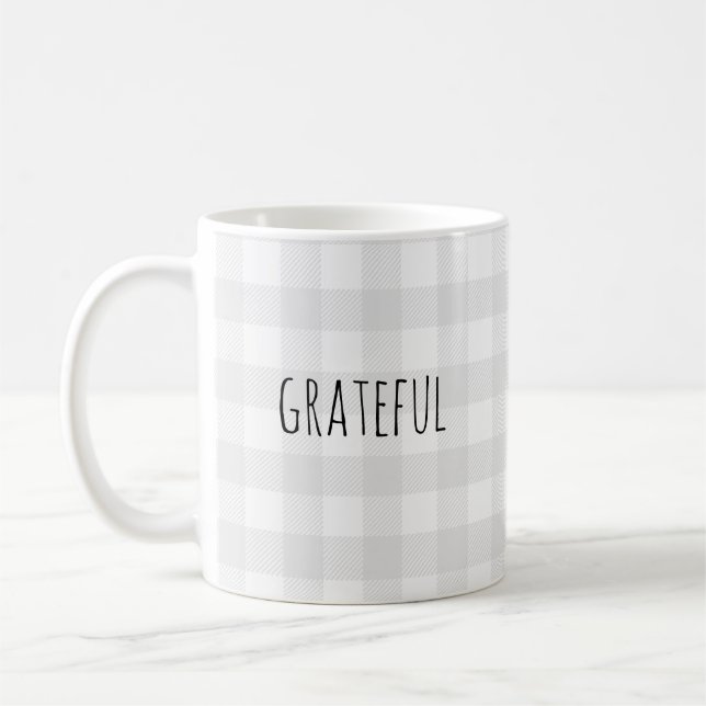 Grateful Gray Check Pattern Coffee Mug (Left)