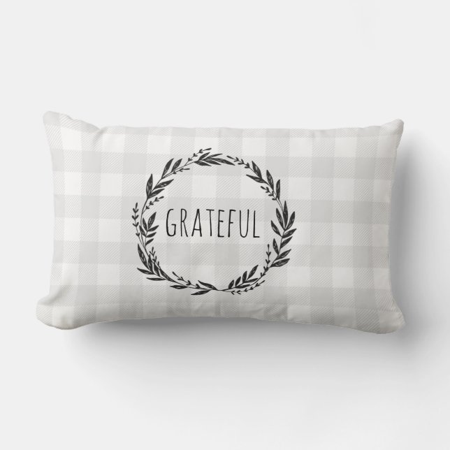 Grateful Gray Gingham Check Wreath Lumbar Pillow (Front)
