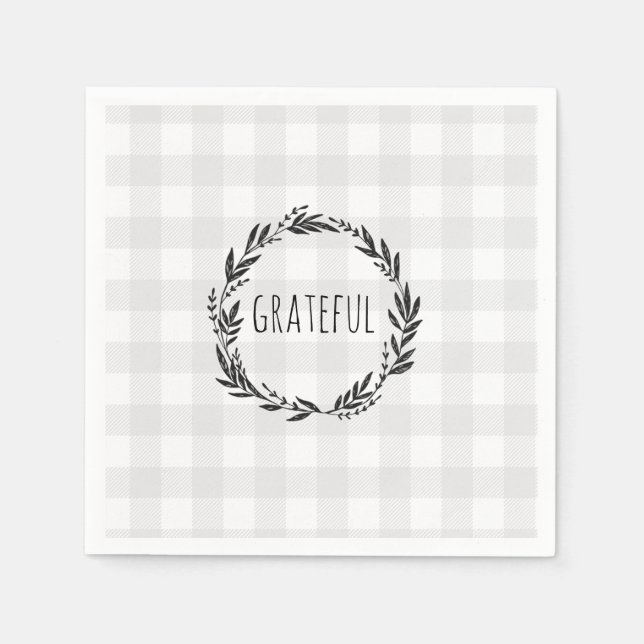 Grateful Gray Gingham Pattern Wreath Napkins (Front)