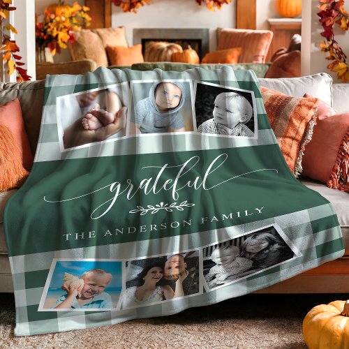 Grateful Green Plaid Fall Family 6 Photo Collage Fleece Blanket