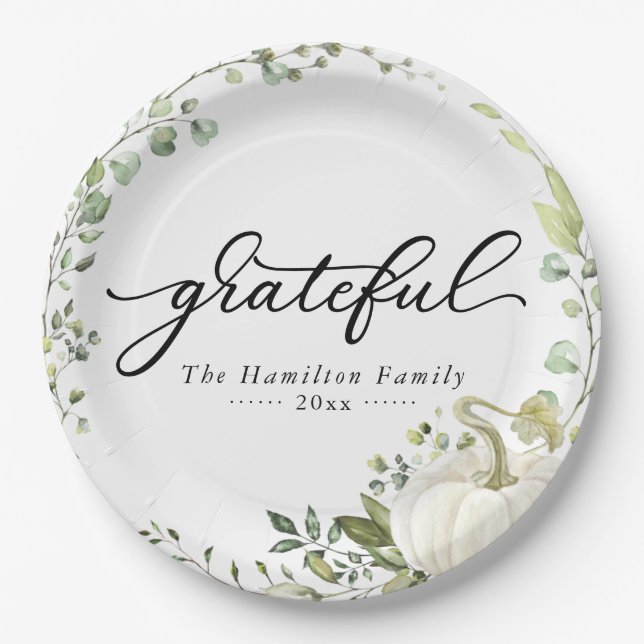 Grateful Greenery Pumpkin Thanksgiving Dinner Paper Plates (Front)
